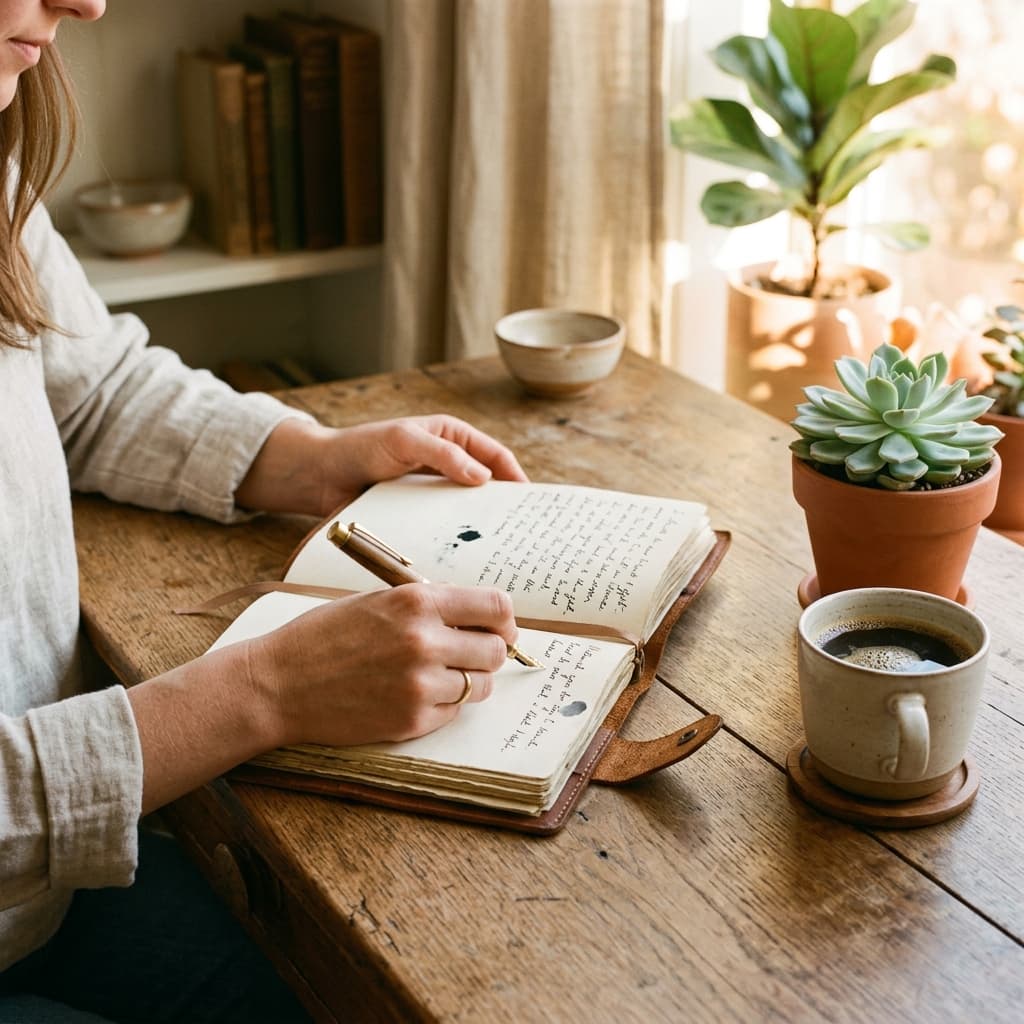 Person journaling at a wooden desk in morning light
